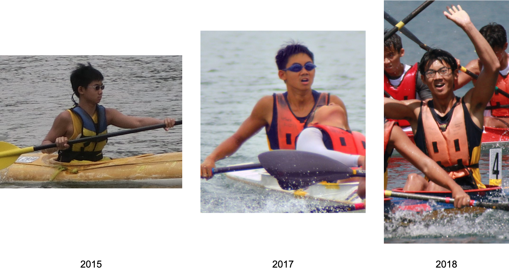 Three photos from 2015, 2017, and 2018 showing a young male paddler in life jackets kayaking on water.